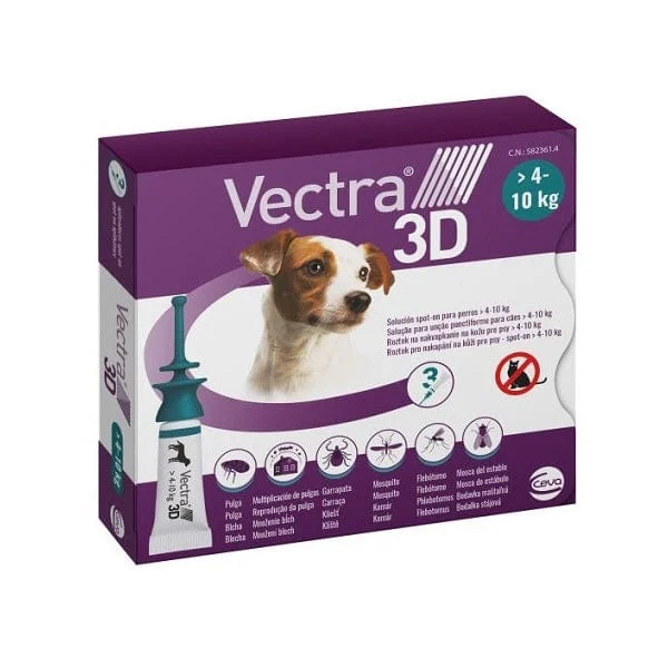 VECTRA 3D Soluzione Spot-On Per Cani 4-10 kg 3 Pipette 1,6 ml Tappo Verde