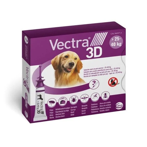 VECTRA 3D Soluzione Spot-On Per Cani 25-40 kg 3 Pipette 4,7 ml Tappo Viola