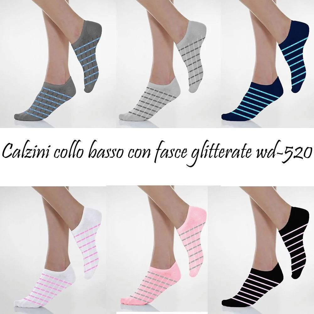 12 PAIA DI CALZINI A COLLO BASSO DA DONNA FANTASMINI CON FASCE GLITTERATE 35-40