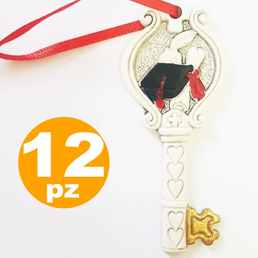 12 PEZZI BOMBONIERA CHIAVE LAUREA SIMBOLO PERGAMENA FORTUNA ROSSO BIANCO ORO - TrAdE Shop Traesio