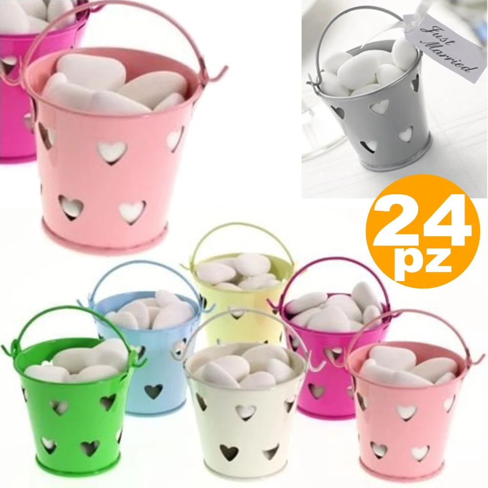24 X SECCHIELLI COLORATI CON CUORI IN LATTA VERNICIATA PORTACONFETTI BOMBONIERA - TrAdE Shop Traesio