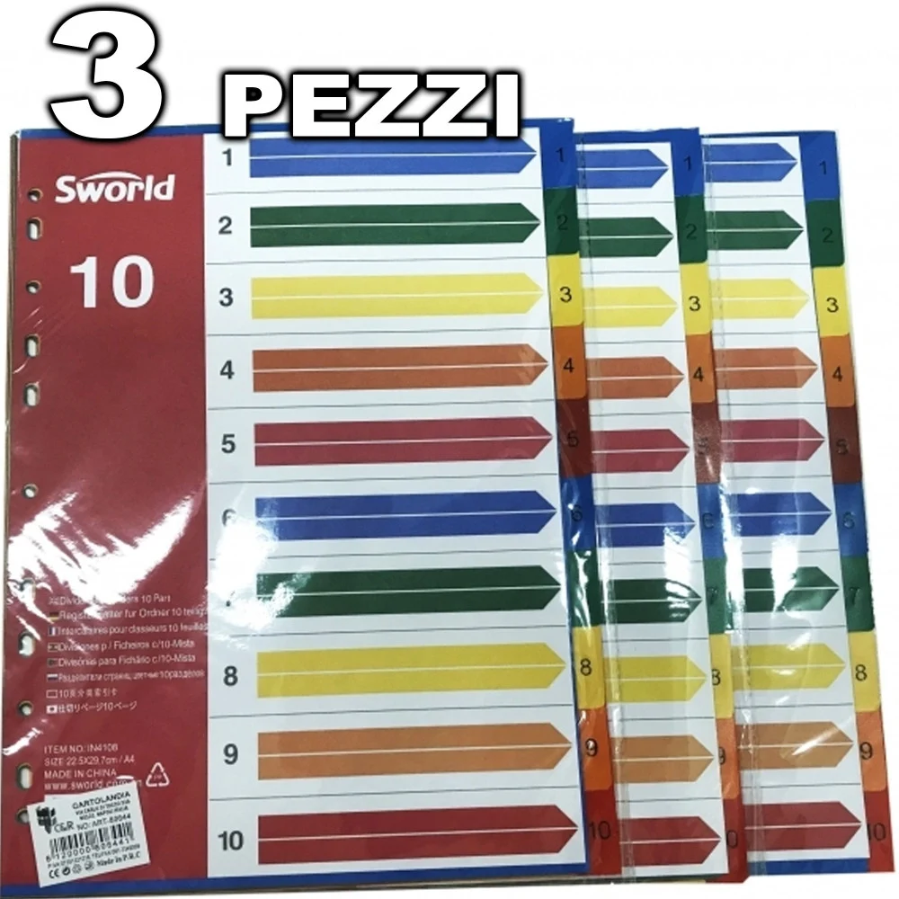 3 DIVISORI PER FORATI IN 10 PARTI CIASCUNO CREA SEZIONI PER SCHEDARIO ANELLI A4 - TrAdE Shop Traesio