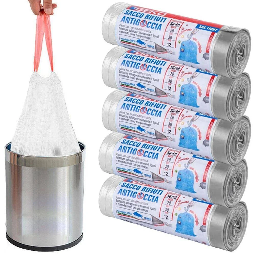 5 ROTOLI SACCHETTI BUSTE SPAZZATURA PROFUMATI 30LT 50X60 CON MANICI BIANCO 100PZ - TrAdE Shop Traesio