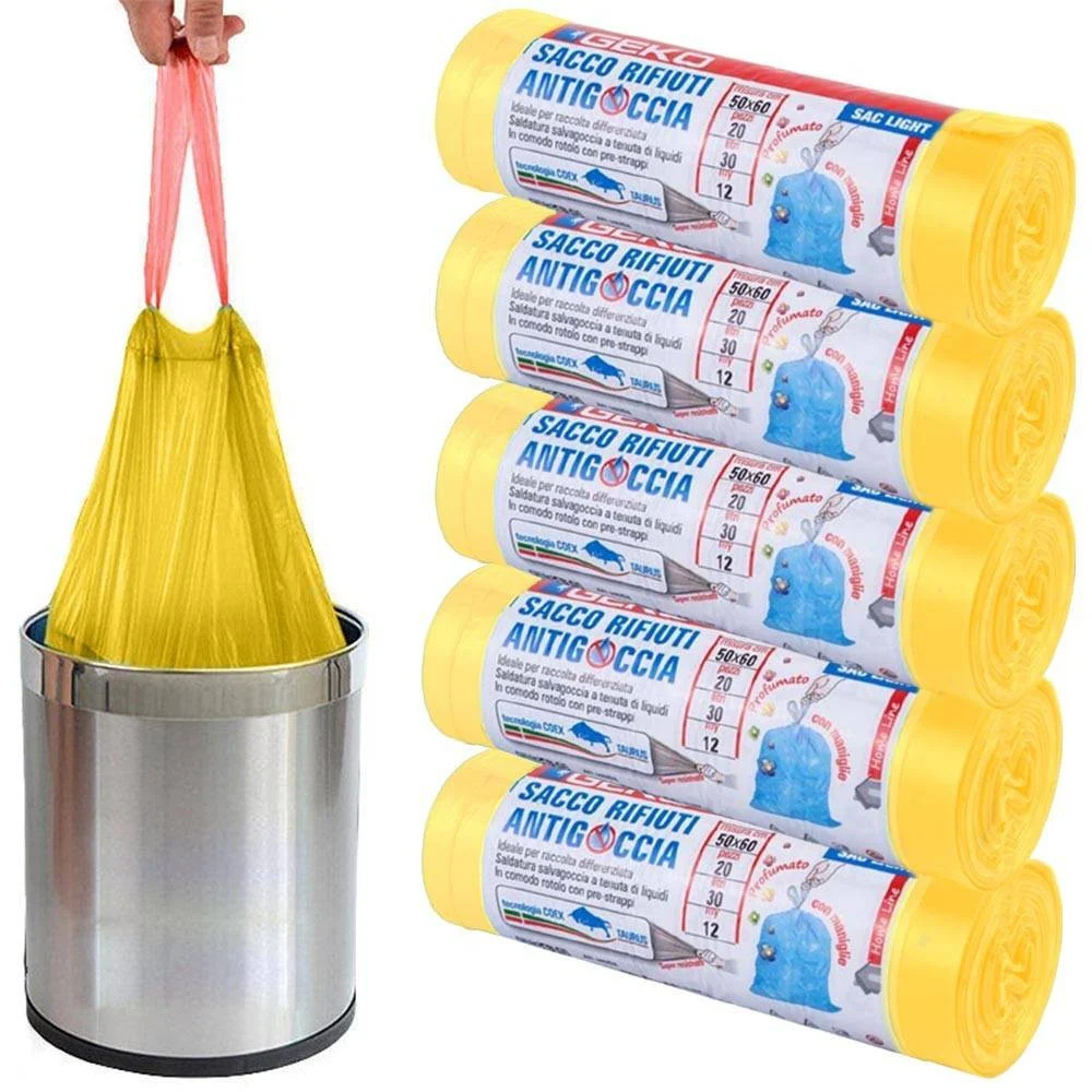 5 ROTOLI SACCHETTI BUSTE SPAZZATURA PROFUMATI 45LT 50X60 CON MANICI GIALLO 100PZ - TrAdE Shop Traesio