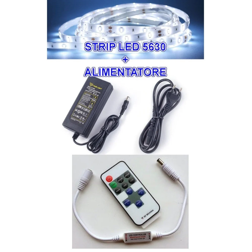 5M STRISCIA STRIP LED SMD 5630 + ALIMENTATORE 5A + DIMMER TELECOMANDO CONTROLLER - TrAdE Shop Traesio
