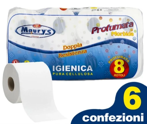 6 MAURY'S CARTA IGIENICA 8 ROTOLI 3 VELI PROFUMATA 1000GR MORBIDA PROFUMATA RESISTENTE