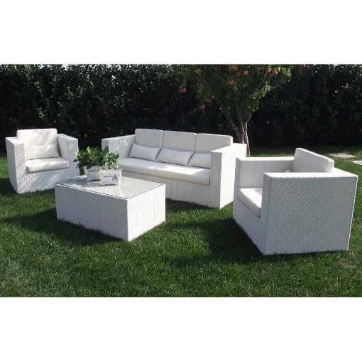 SALOTTO ACAPULCO IN WICKER CON DIVANO, POLTRONE E TAVOLINO BIANCO - IPAE PROGARDEN
