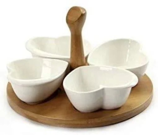 ANTIPASTIERA BIANCA CON 4 CIOTOLINE CON DESIGN A CUORE E SUPPORTO IN LEGNO 21 CM - ALBERIAMO