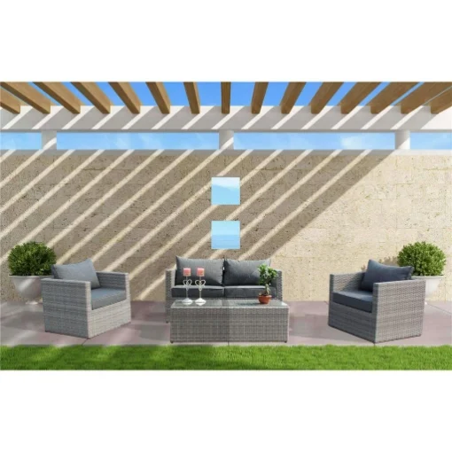 SALOTTO CILE CON DIVANO A 2 POSTI, 2 POLTRONE E TAVOLINOIN WICKER ANTRACITE - IPAE PROGARDEN