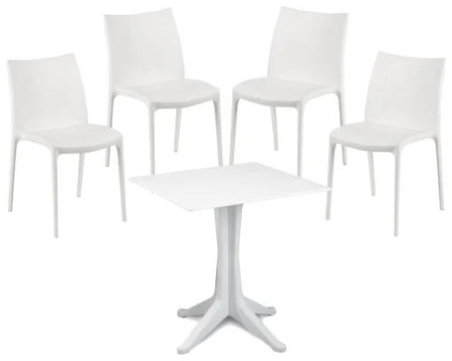 SET 4 SEDIE ZIP + TAVOLO PONENTE BIANCO QUADRATO PER ESTERNO E INTERNO - GDLC