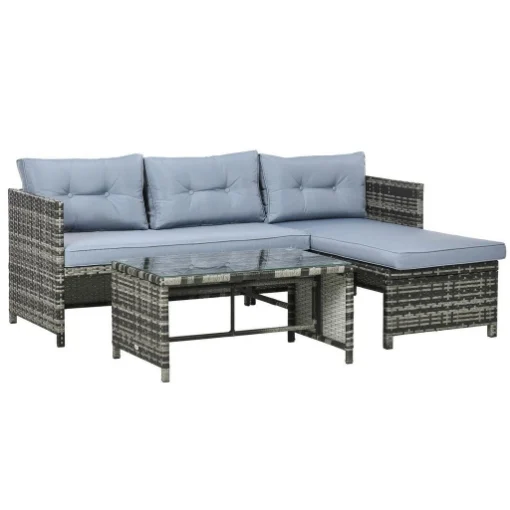 SALOTTO DA GIARDINO CON DIVANETTO CHAISE LONGUE E TAVOLINO IN RATTAN CON CUSCINI GRIGIO - MAURY'S