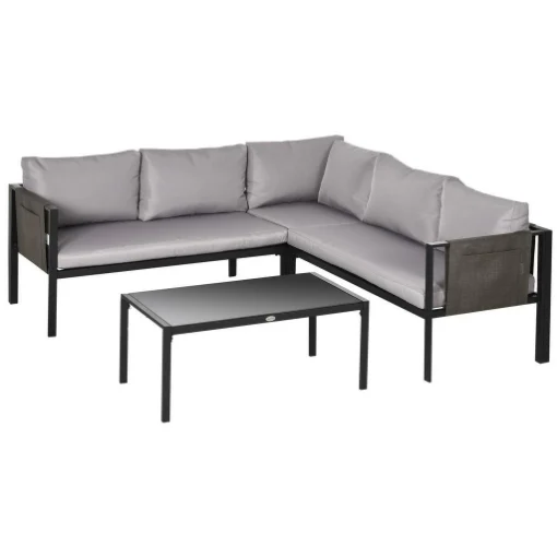 SET DA GIARDINO CON DIVANO, POLTRONA E TAVOLINO DA CAFFÈ IN VETRO GRIGIO - MAURY'S