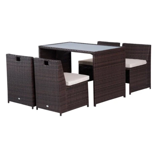 SET MOBILI DA GIARDINO IN RATTAN 5PZ TAVOLO PRANZO 4 SEDIE CON CUSCINI - BRIXO