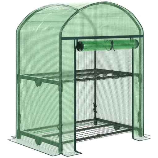 MINI SERRA DA GIARDINO CON 2 RIPIANI IN METALLO E COPERTURA 69X49X92CM VERDE - MAURY'S