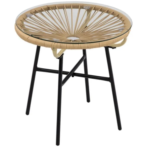 TAVOLINO DA GIARDINO ROTONDO IN RATTAN PE E VETRO Ø50X50CM COLORE BEIGE - MAURY'S