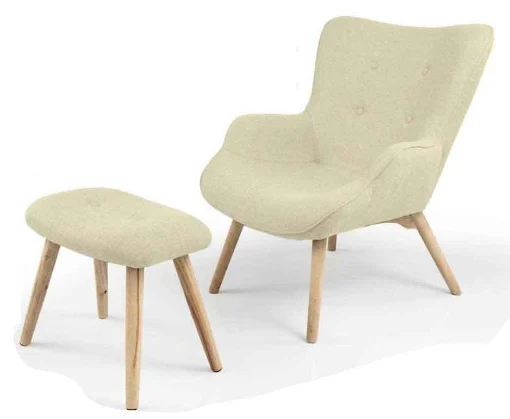 SET POLTRONA E SGABELLO IN TESSUTO CON GAMBE IN LEGNO COLOR CREMA - MAURY'S