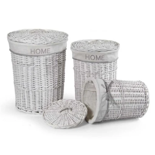 SET 3 CESTE PORTABIANCHERIA HOME CON FORMA TONDA IN VIMINI BIANCO - MAURY'S