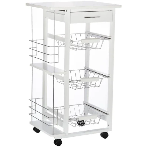 CARRELLO DA CUCINA SALVASPAZIO IN LEGNO CON 4 RUOTE 3 CESTI ESTRAIBILI BIANCO - MAURY'S