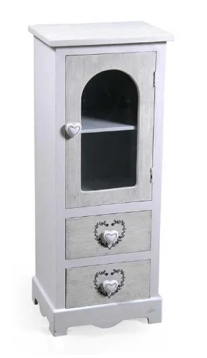VINCY MOBILETTO CON 2 CASSETTI E VETRINA 32X26X80 CM COLORE BIANCO E CUORE - MAURY'S