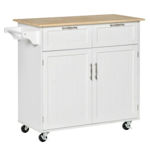 CARRELLO DA CUCINA MULTIUSO IN LEGNO CON 2 CASSETTI ARMADIETTO E 4 RUOTE BIANCO - MAURY'S