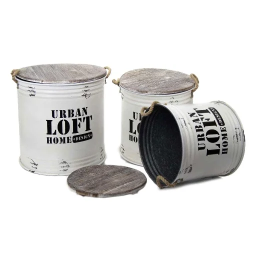 3 BAULI LATTA BIANCO CON COPERCHIO IN LEGNO, TONDI 50 CM 44 CM 39 CM - MAURY'S