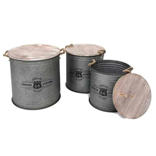3 BAULI TONDI GRIGIO CON COPERCHI IN LEGNO 50 CM 44 CM 39 CM - MAURY'S