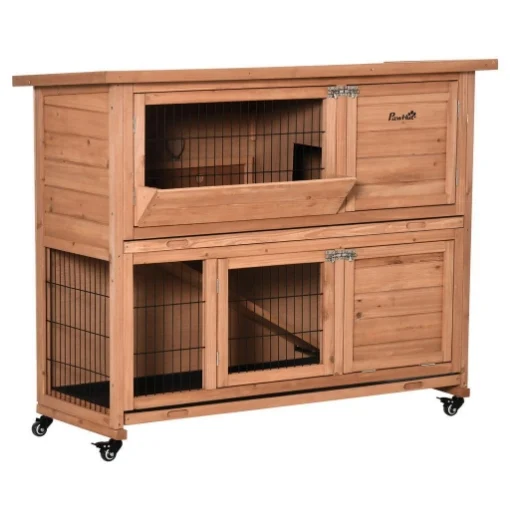 CONIGLIERA IN LEGNO A 2 LIVELLI CON RUOTE VASSOIO ESTRAIBILE 122X50X101CM - MAURY'S