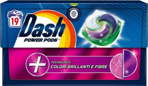 DASH PODS DETERSIVO PER LAVATRICE DA 19 LAVAGGI COLORI BRILLANTI E FIBRE