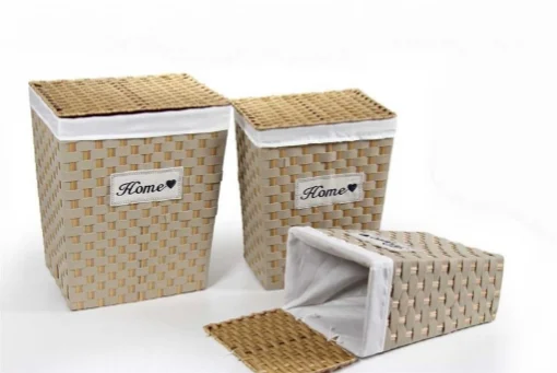 TRIS CESTE PORTABIANCHERIA IN VIMINI E TESSUTO HOME BIANCO E LEGNO NATURALE - MAURY'S