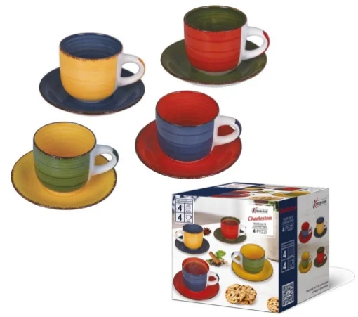 MAURY'S CHARLESTONE SET DI 4 TAZZE DA TE' CON PIATTINO E DESIGN COLORATO 250CC