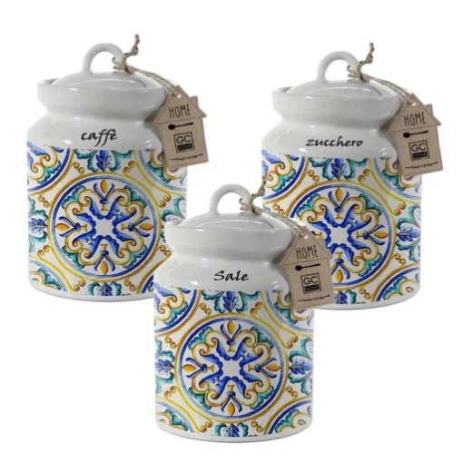 MAURY'S TRIS DI BARATTOLI STILE SICILIANO IN CERAMICA 12 X 17 CM