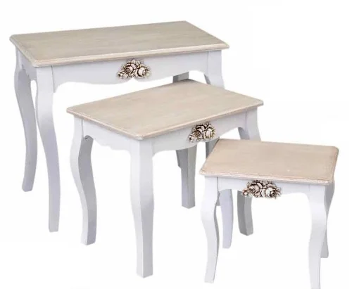 SET3 TAVOLINI RETTANGOLARI IN LEGNO E BIANCHI STILE CHARM 48/37/29H CON ROSA - MAURY'S