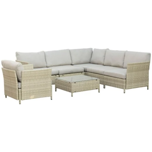 SALOTTO DA GIARDINO 7 PEZZI MODULABILE IN RATTAN PE CON CUSCINI, BEIGE - MAURY'S