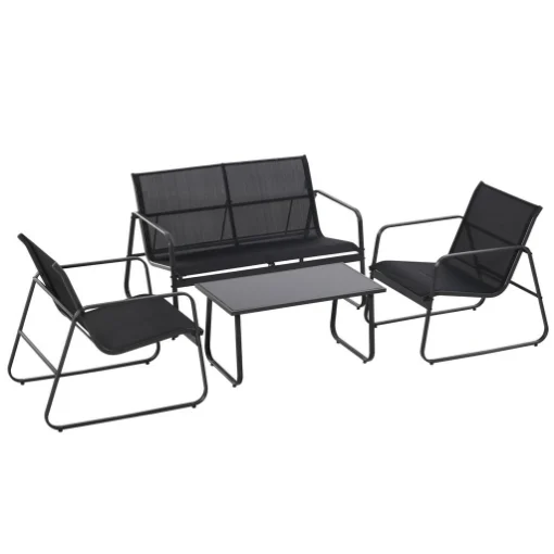SET TAVOLINO CON PANCHINA E 2 SEDIE DA GIARDINO, ARREDAMENTO DA ESTERNO IN METALLO E TEXTILENE, NERO - MAURY'S