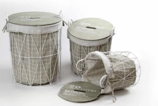 SET 3 CESTE TONDE CON STRUTTURA IN METALLO BIANCO E COPERCHIO IN LEGNO - MAURY'S