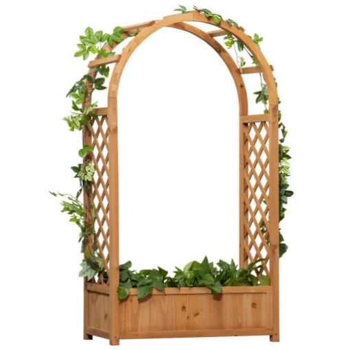 FIORIERA DA ESTERNO A FONDO CAVO IN ABETE MARRONE CON ARCO DECORATIVO E GRATE PER RAMPICANTI, 83X36X152 CM - MAURY'S
