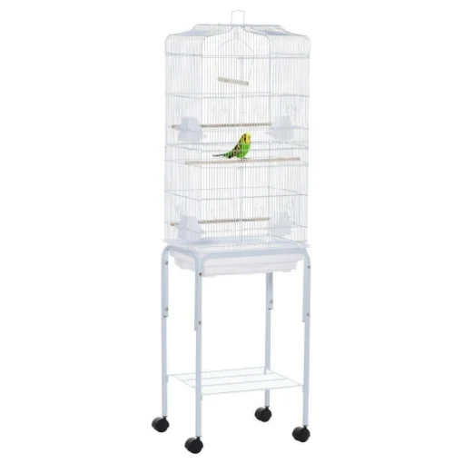 GABBIA PER UCCELLI, VOLIERA IN METALLO E ACCIAIO CON RUOTE, TRESPOLI E CIOTOLE, 46.5X36X157CM - BIANCO