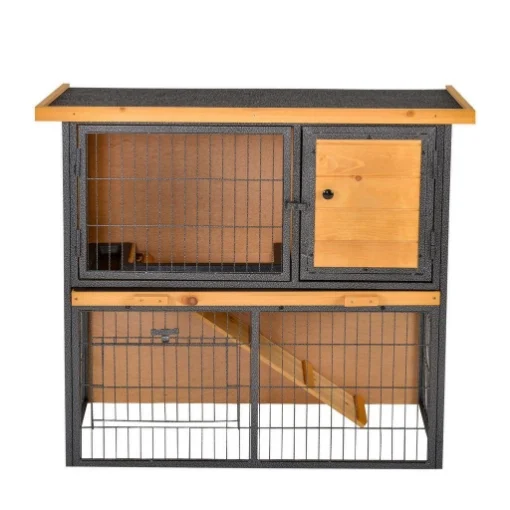 GABBIA PER CONIGLI CON RAMPA E AREA APERTA, CONIGLIERA IN LEGNO E METALLO SU 2 LIVELLI, GIALLO CHIARO, 89.5X45X81CM - MAURY'S