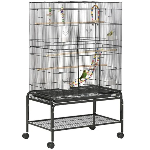 GABBIA PER UCCELLI IN ACCIAIO CON POSATOI, GIOCHI, CONTENITORI PER CIBO E VASSOIO, 79X49X133 CM, NERO - MAURY'S