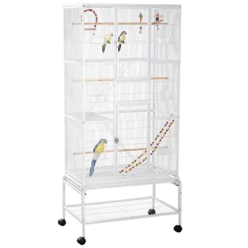 GABBIA PER UCCELLI IN ACCIAIO E PP CON POSATOI, GIOCHI, CONTENITORI PER CIBO E VASSOIO, 83X53X180 CM, BIANCO - MAURY'S