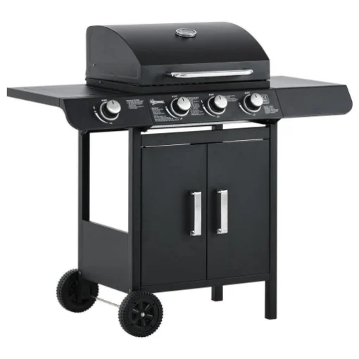 BARBECUE A GAS CON COPERCHIO, 4 BRUCIATORI DA 11.6KW, FORNELLO, MENSOLA E 2 RUOTE, 110X50X100 CM NERO - MAURY'S