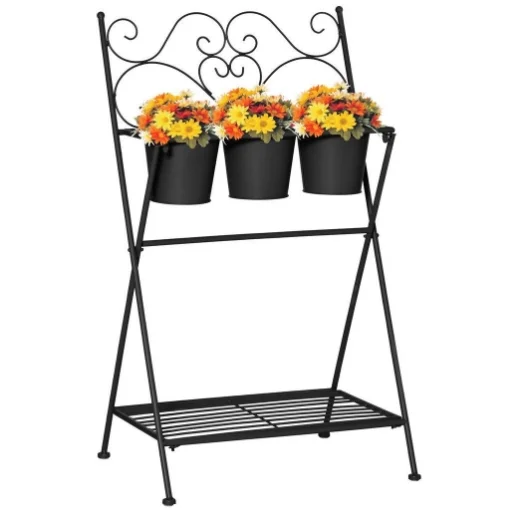 PORTAPIANTE IN METALLO PIEGHEVOLE CON 3 VASI E RIPIANO INFERIORE PER CASA E GIARDINO, 47X37X78.5CM, NERO - MAURY'S