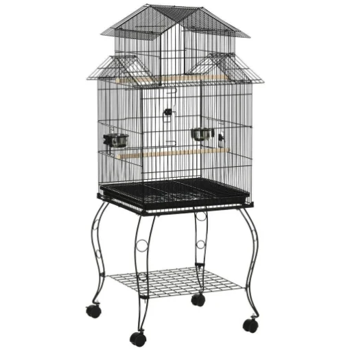 GABBIA PER UCCELLI DA INTERNI IN ACCIAIO E LEGNO CON VASSOIO, 4 RUOTE E TRESPOLO, 50X49X137CM - MAURY'S