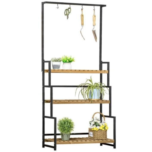 PORTAFIORI A 3 LIVELLI CON GANCI SUPERIORI IN LEGNO DI ABETE E METALLO PER INTERNO ED ESTERNO, 80X36X174 CM - MAURY'S