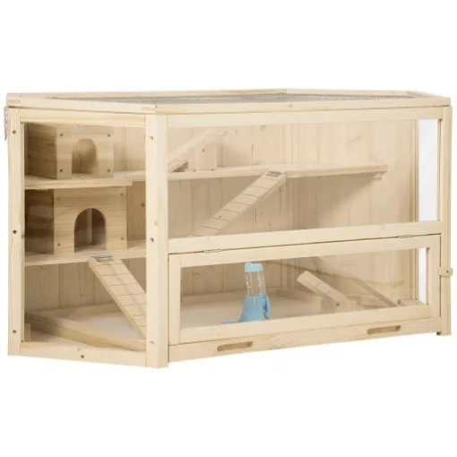CASETTA PER CRICETI IN LEGNO A 3 LIVELLI, CASA PER CRICETI E PICCOLI RODITORI CON TETTO APRIBILE E PARETE TRASPARENTE, 115X60X55CM - MAURY'S