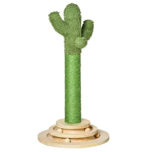 ALBERO TIRAGRAFFI A CACTUS PER GATTI, CORDA SISAL E BASE CON PALLINE IN LEGNO, 32X32X60CM - MAURY'S