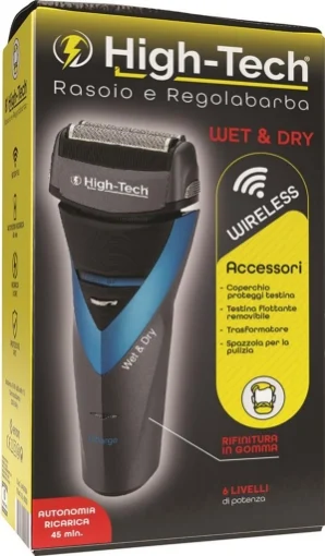 HIGH-TECH RASOIO E REGOLA BARBA WET & DRY WIRELESS 6 LIVELLI DI POTENZA AUTONOMIA RICARICA 45 MINUTI