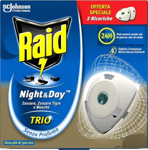 RAID NIGHT & DAY TRIO ZANZARE - ZANZARE TIGRE - MOSCHE 2 RICARICHE