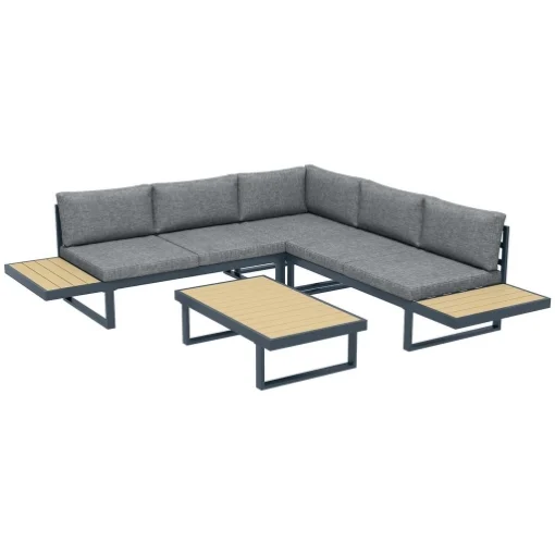 SET DA GIARDINO 4 PEZZI IN ALLUMINIO CON 2 DIVANETTI, POLTRONA ANGOLARE E TAVOLINO DA CAFFÈ, GRIGIO E TEAK - MAURY'S