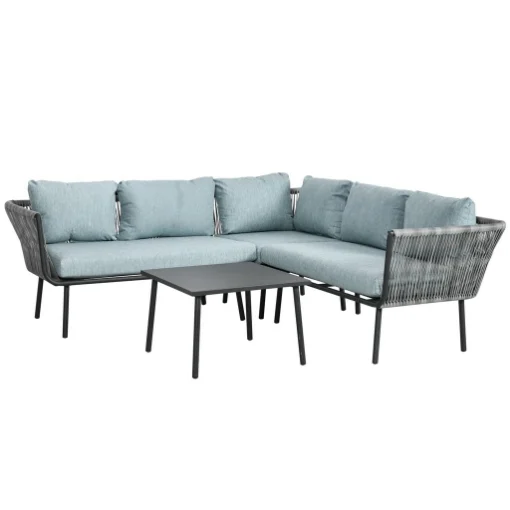 SET DA GIARDINO 4 PEZZI IN RATTAN CON TAVOLINO DA CAFFÈ, 2 DIVANI AD ANGOLO E POLTRONCINA, NERO GRIGIO E BLU - MAURY'S